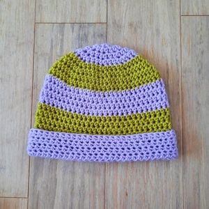 Crochet Beanie (light purple, chartreuse)